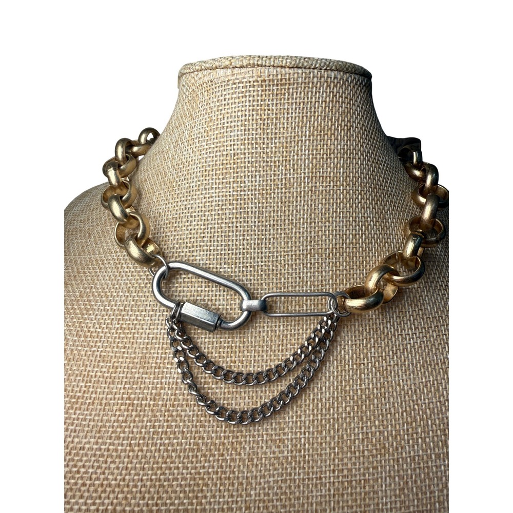 Mixed Metal Gold Silver Tone Carabiner Chain Necklace Chunky Industrial Jewelry